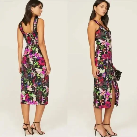 MARCHESA NOTTE Dark Floral Botanical Poplin Midi Dress Whimsy Goth Sz 12 {3Q36}